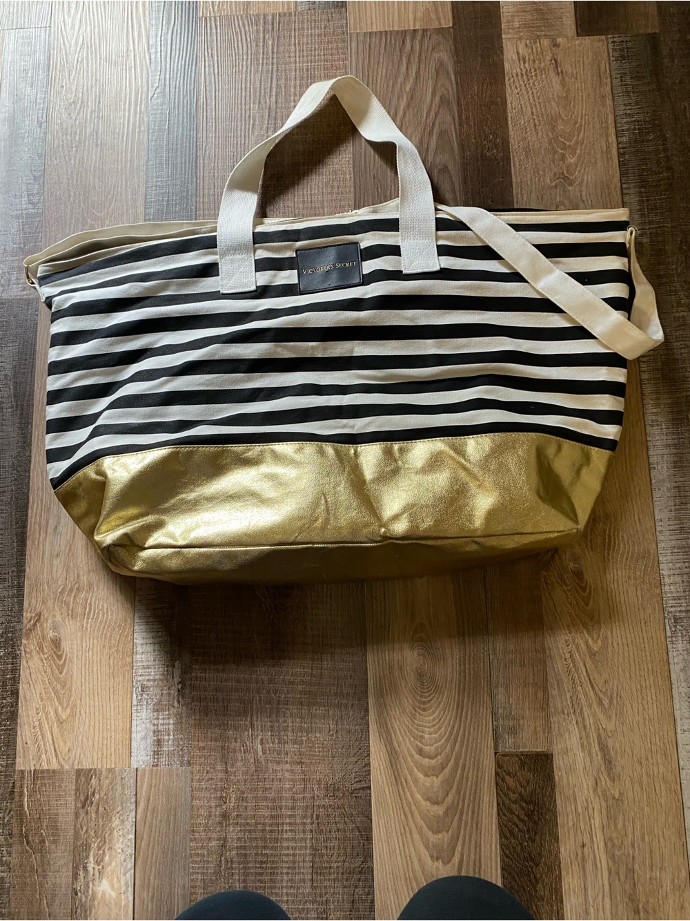 Victoria's Secret Black and White Striped Tote with Gold Base